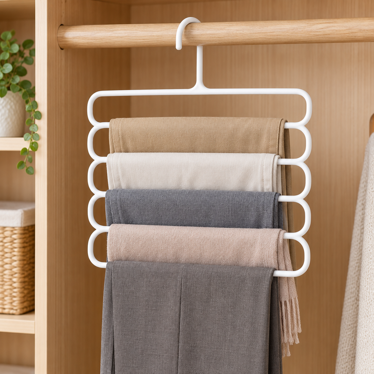 White five-tier pants and scarf hanger arranged in a light wood wardrobe