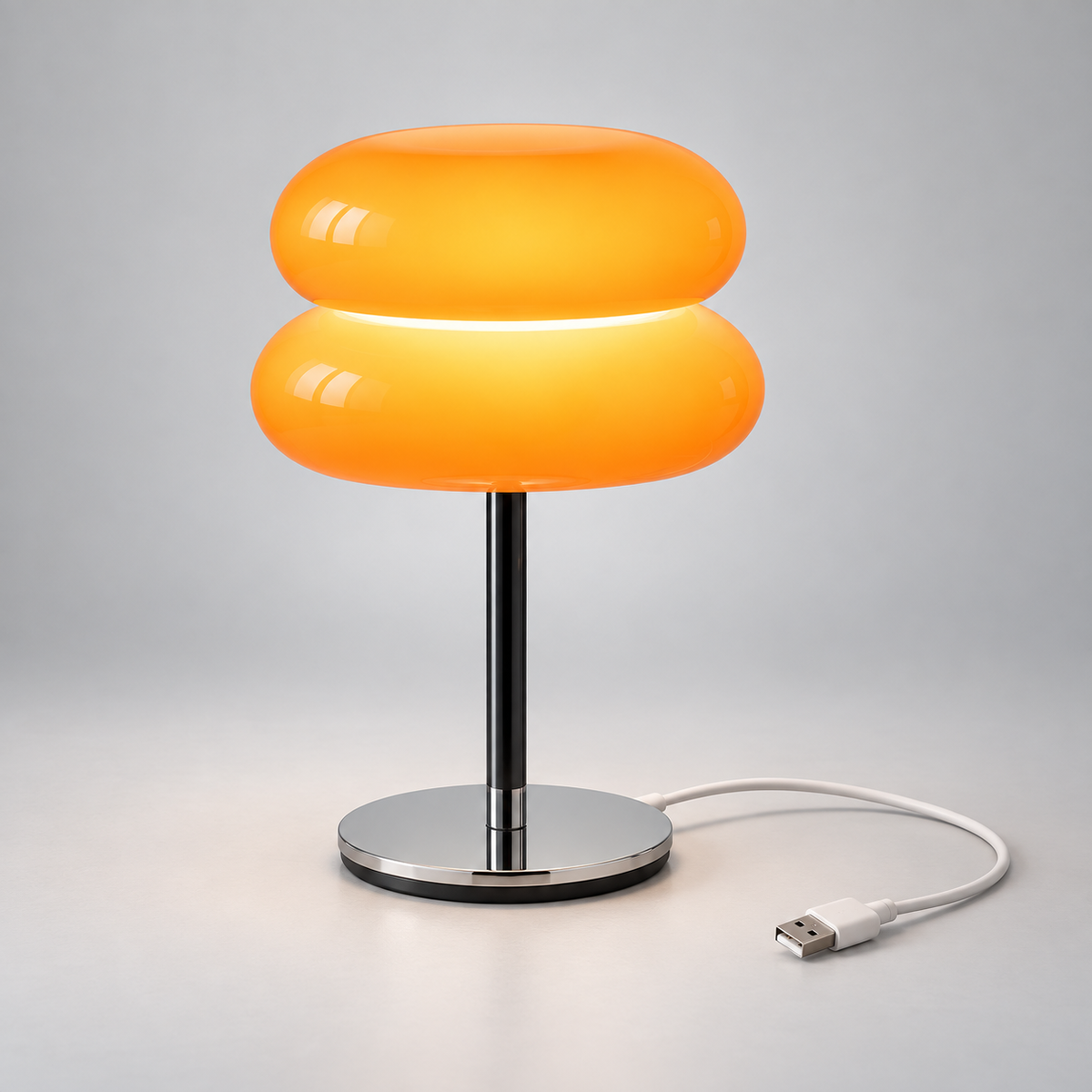 Orange double-layer table lamp with round metal base, cable and USB plug
