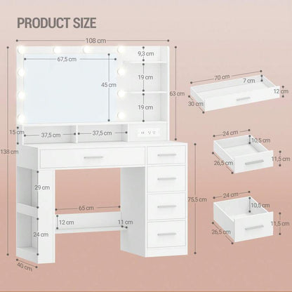 LED Vanity Desk with Large Mirror, 5 Drawers & Storage