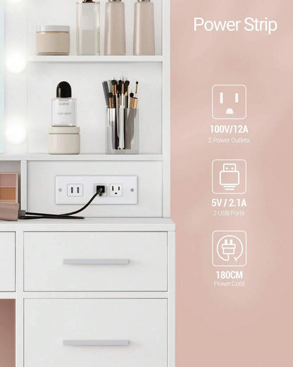 LED Vanity Desk with Large Mirror, 5 Drawers & Storage