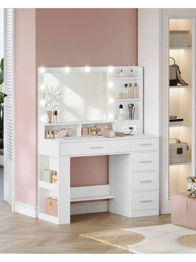 LED Vanity Desk with Large Mirror, 5 Drawers & Storage