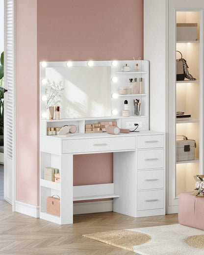 LED Vanity Desk with Large Mirror, 5 Drawers & Storage