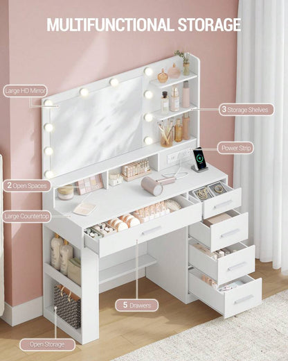 LED Vanity Desk with Large Mirror, 5 Drawers & Storage