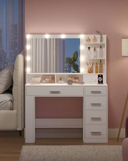 LED Vanity Desk with Large Mirror, 5 Drawers & Storage