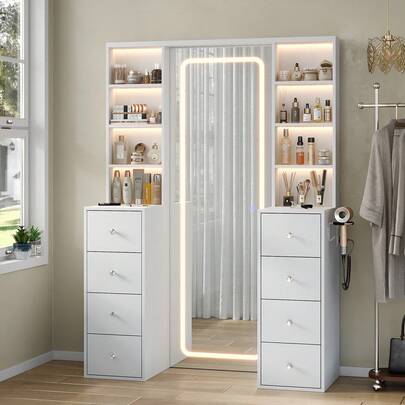 LED Vanity with Full-Length Mirror, 8 Drawers & Power Outlets