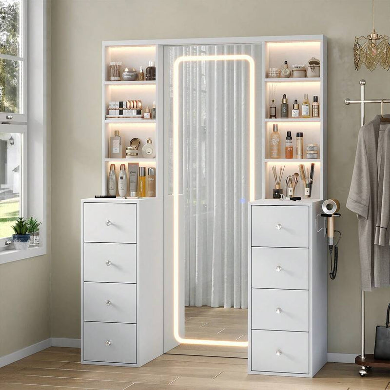 LED Vanity with Full-Length Mirror, 8 Drawers & Power Outlets