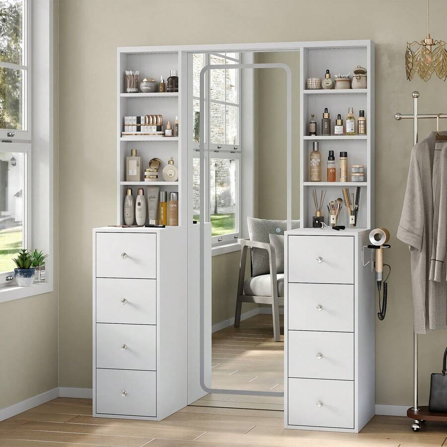 LED Vanity with Full-Length Mirror, 8 Drawers & Power Outlets