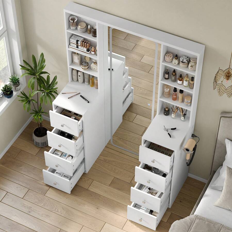 LED Vanity with Full-Length Mirror, 8 Drawers & Power Outlets