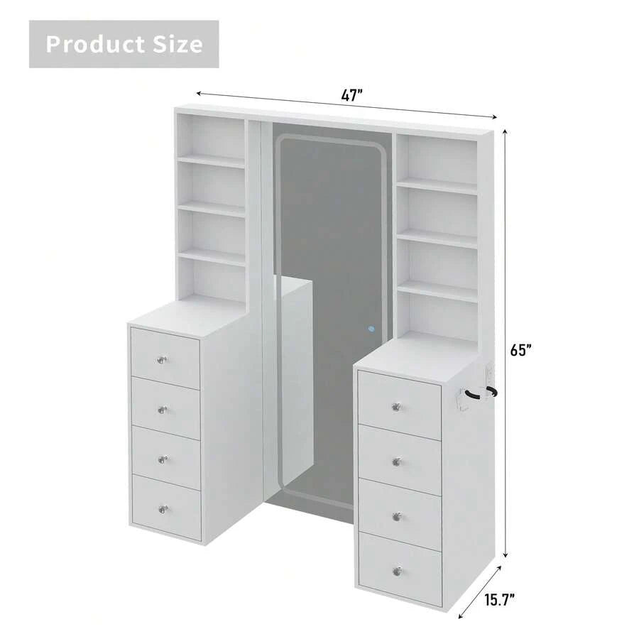 LED Vanity with Full-Length Mirror, 8 Drawers & Power Outlets