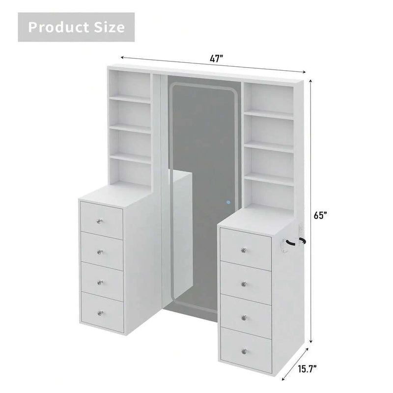 LED Vanity with Full-Length Mirror, 8 Drawers & Power Outlets