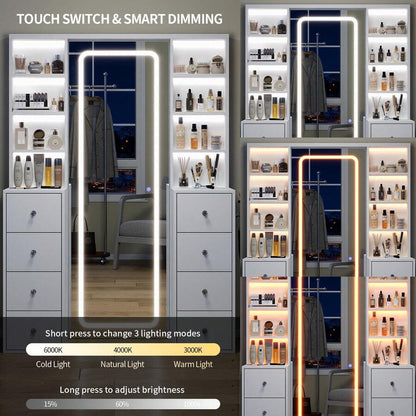 LED Vanity with Full-Length Mirror, 8 Drawers & Power Outlets