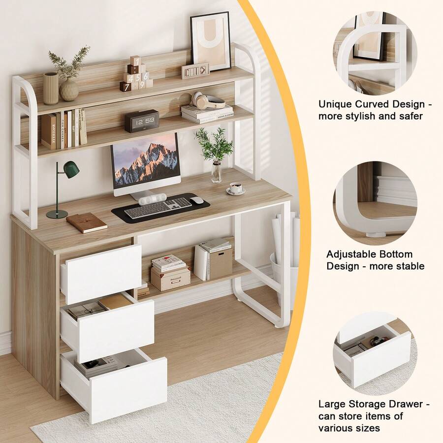 Home Office Desk with Hutch, 3 Drawers & Shelves