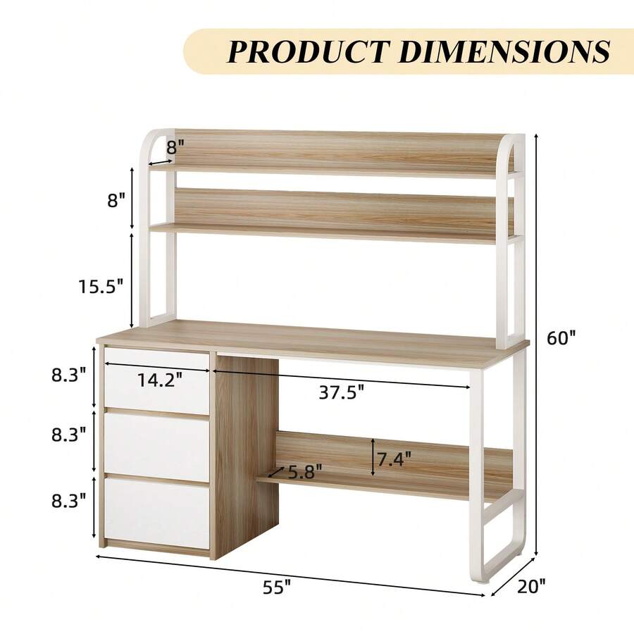 Home Office Desk with Hutch, 3 Drawers & Shelves