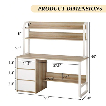 Home Office Desk with Hutch, 3 Drawers & Shelves