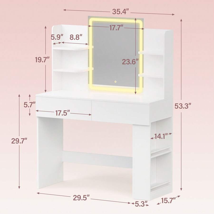 LED Mirror Vanity Desk with 2 Drawers & Side Shelves