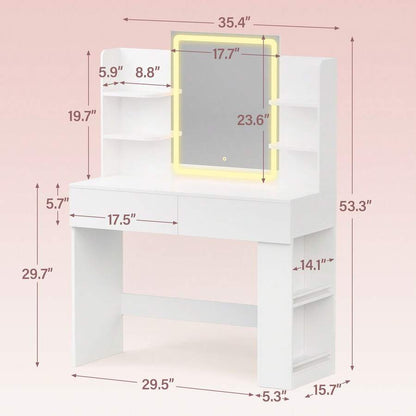 LED Mirror Vanity Desk with 2 Drawers & Side Shelves