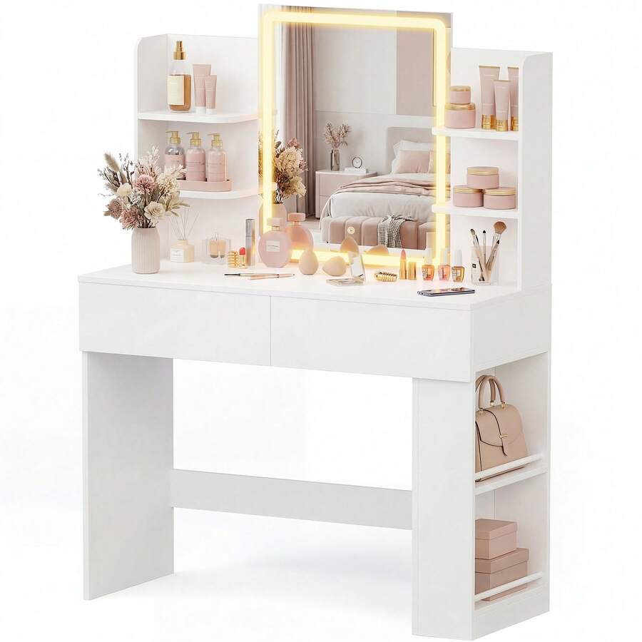 LED Mirror Vanity Desk with 2 Drawers & Side Shelves