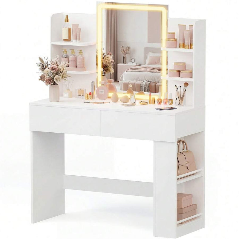 LED Mirror Vanity Desk with 2 Drawers & Side Shelves