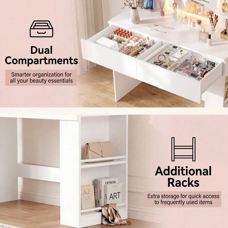 LED Mirror Vanity Desk with 2 Drawers & Side Shelves
