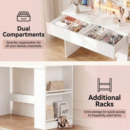 LED Mirror Vanity Desk with 2 Drawers & Side Shelves