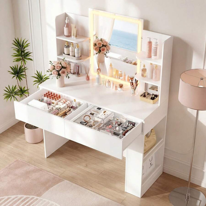 LED Mirror Vanity Desk with 2 Drawers & Side Shelves