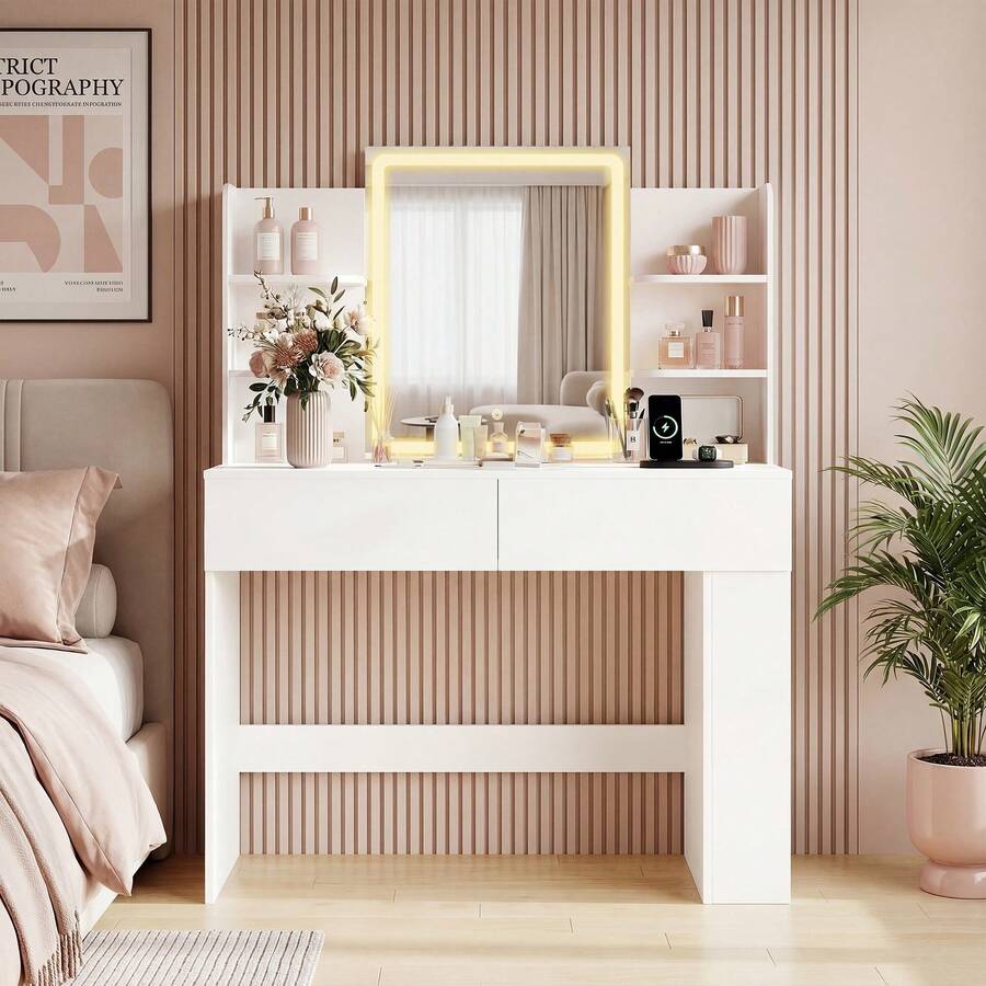 LED Mirror Vanity Desk with 2 Drawers & Side Shelves