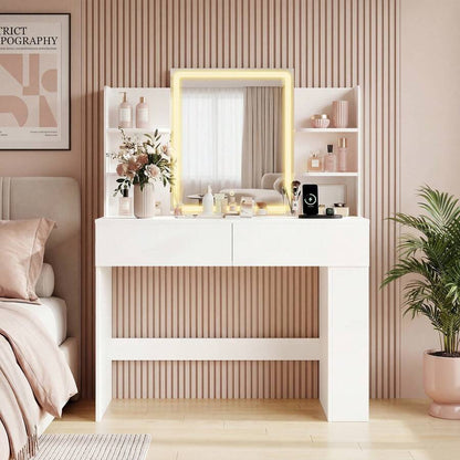 LED Mirror Vanity Desk with 2 Drawers & Side Shelves