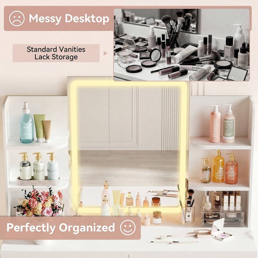LED Mirror Vanity Desk with 2 Drawers & Side Shelves