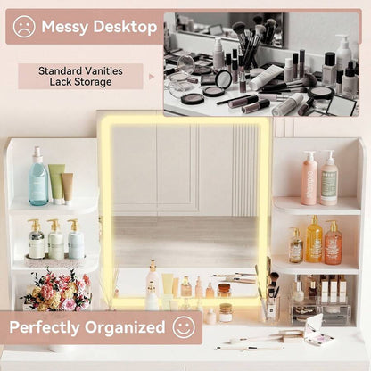 LED Mirror Vanity Desk with 2 Drawers & Side Shelves