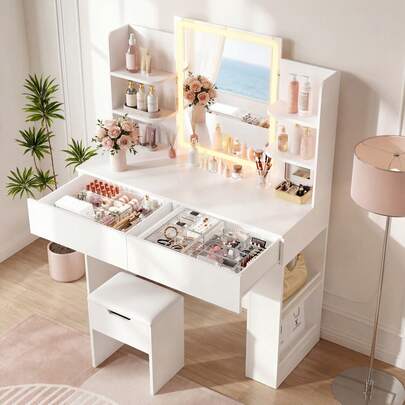 LED Mirror Vanity Desk with 2 Drawers & Side Shelves