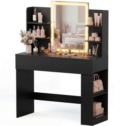 LED Mirror Vanity Desk with 2 Drawers & Side Shelves