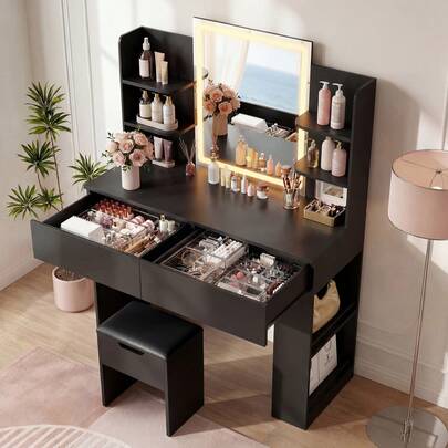 LED Mirror Vanity Desk with 2 Drawers & Side Shelves