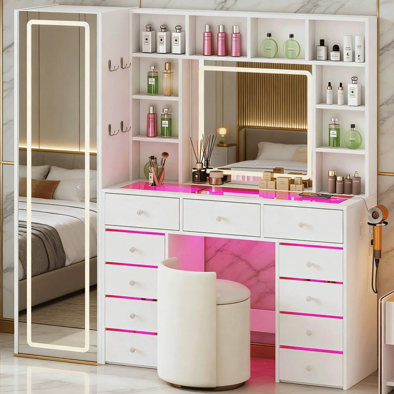 Full-Length Mirror Vanity with 11 Drawers & LED Lighting