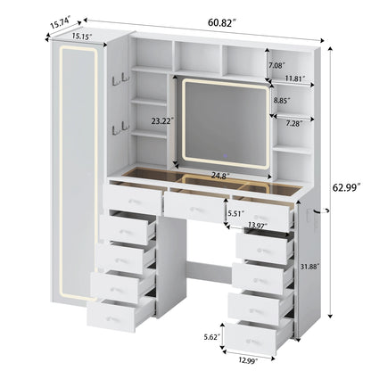 Full-Length Mirror Vanity with 11 Drawers & LED Lighting