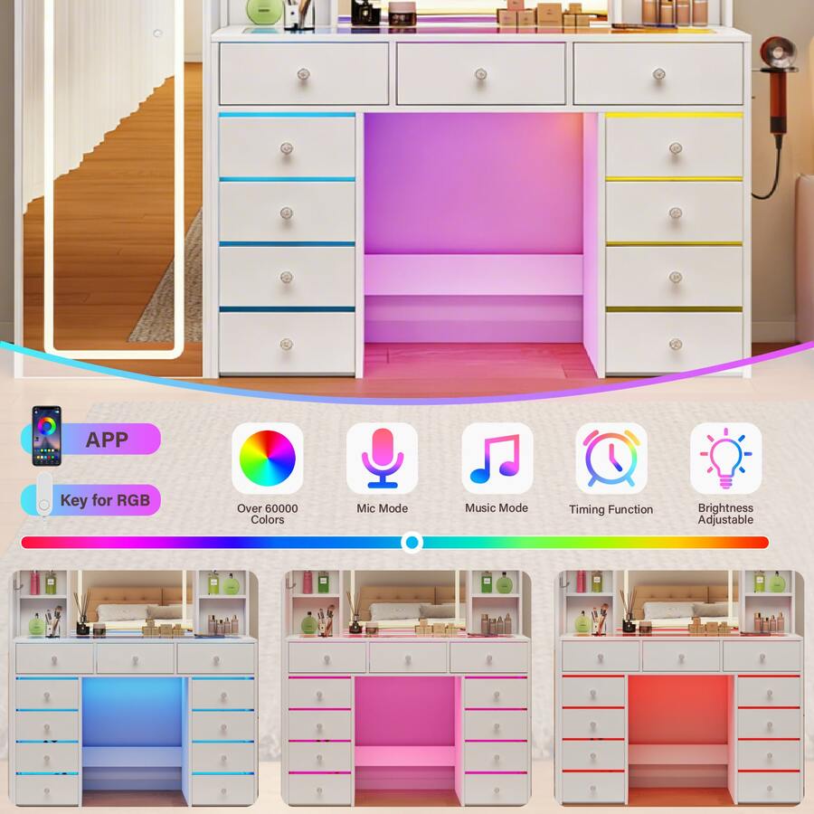Full-Length Mirror Vanity with 11 Drawers & LED Lighting