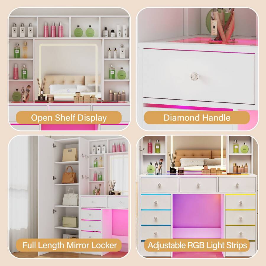 Full-Length Mirror Vanity with 11 Drawers & LED Lighting