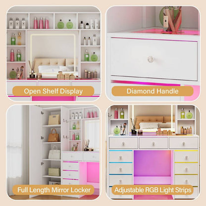 Full-Length Mirror Vanity with 11 Drawers & LED Lighting