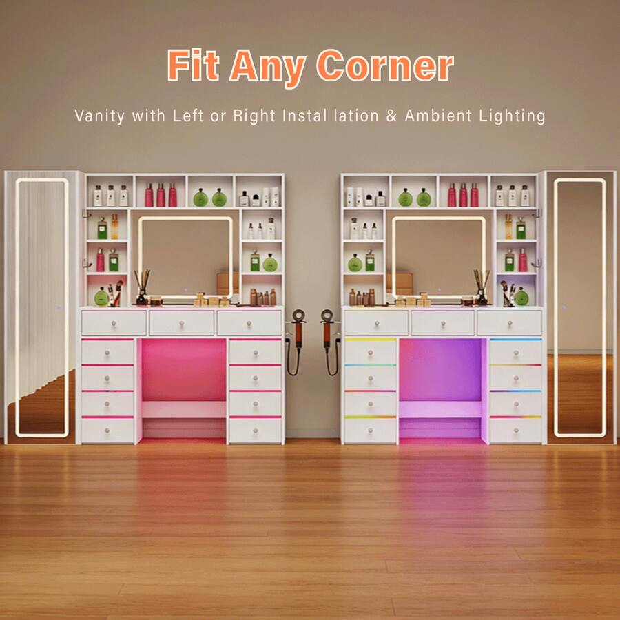 Full-Length Mirror Vanity with 11 Drawers & LED Lighting