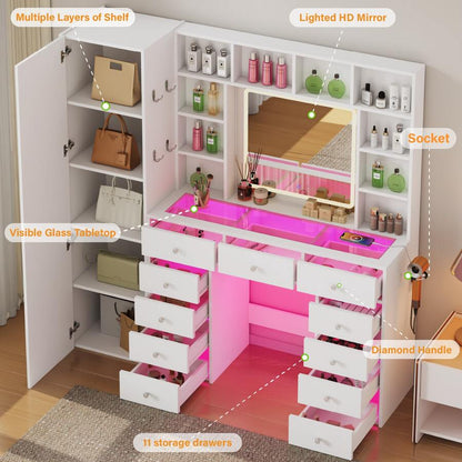 Full-Length Mirror Vanity with 11 Drawers & LED Lighting
