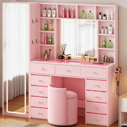 Full-Length Mirror Vanity with 11 Drawers & LED Lighting