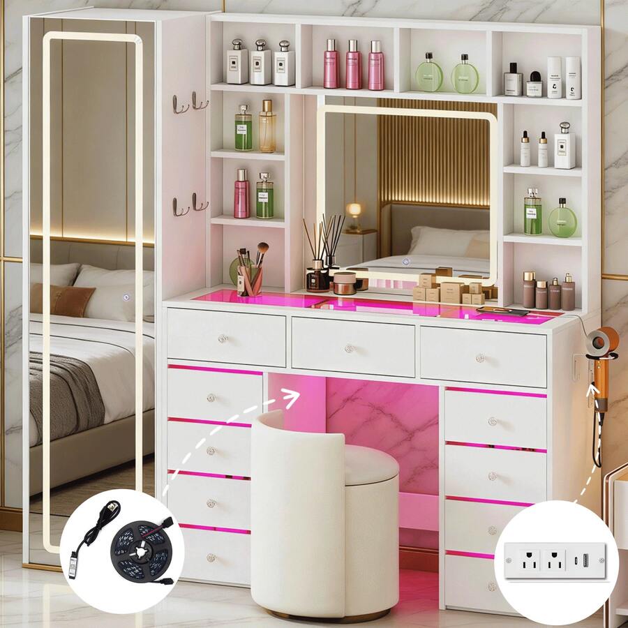 Full-Length Mirror Vanity with 11 Drawers & LED Lighting