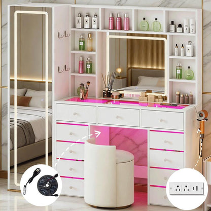 Full-Length Mirror Vanity with 11 Drawers & LED Lighting