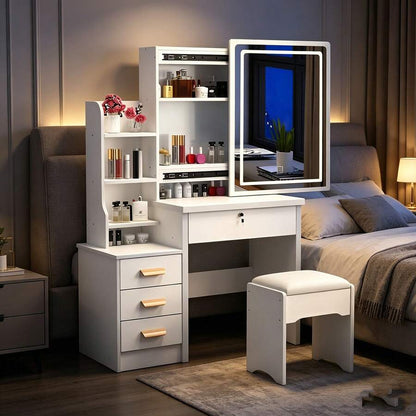 Sliding LED Mirror Vanity with Storage & Matching Stool