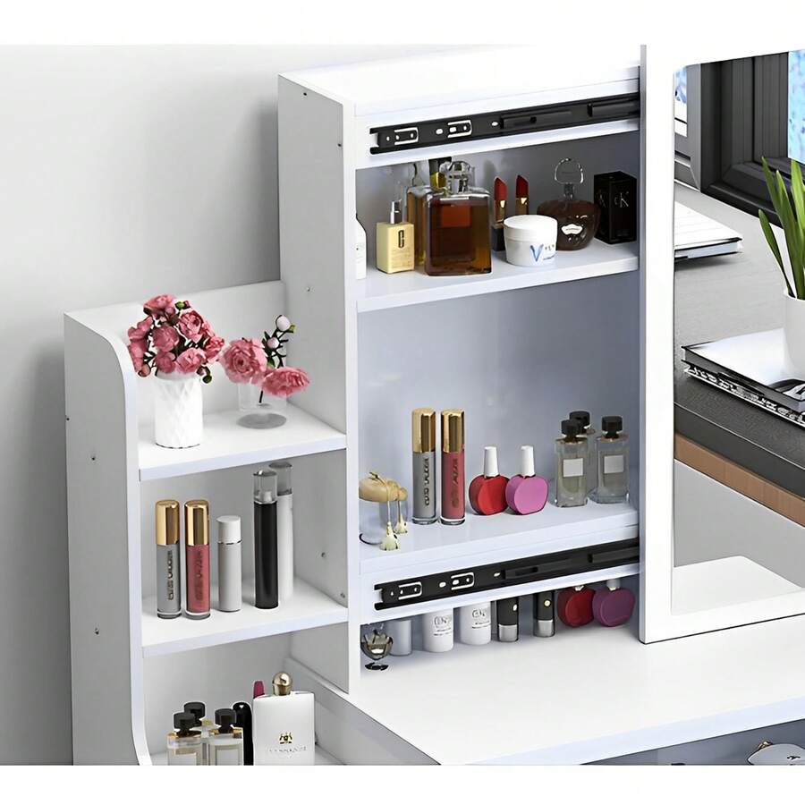 Sliding LED Mirror Vanity with Storage & Matching Stool