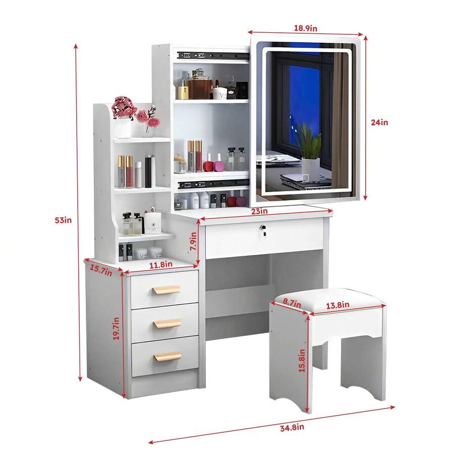 Sliding LED Mirror Vanity with Storage & Matching Stool