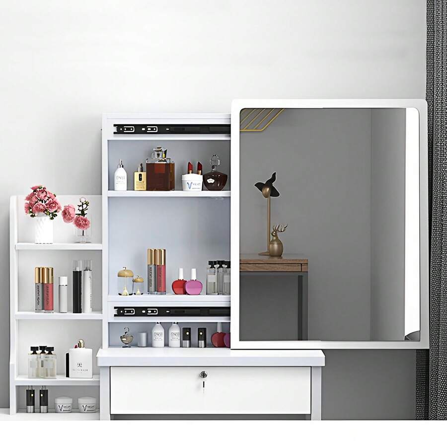 Sliding LED Mirror Vanity with Storage & Matching Stool