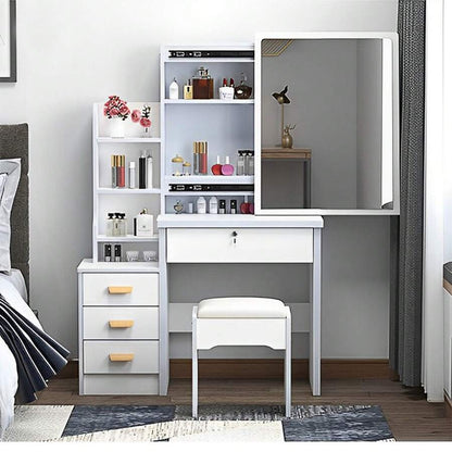 Sliding LED Mirror Vanity with Storage & Matching Stool