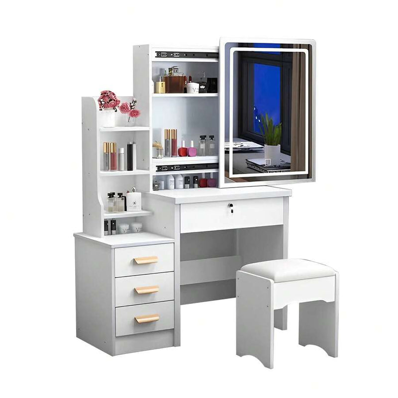Sliding LED Mirror Vanity with Storage & Matching Stool