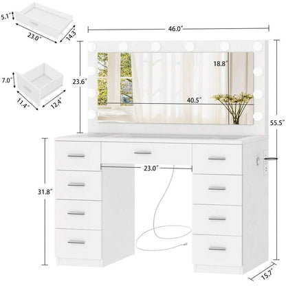 46-Inch Glass-Top Vanity with 9 Drawers & Lighted Mirror