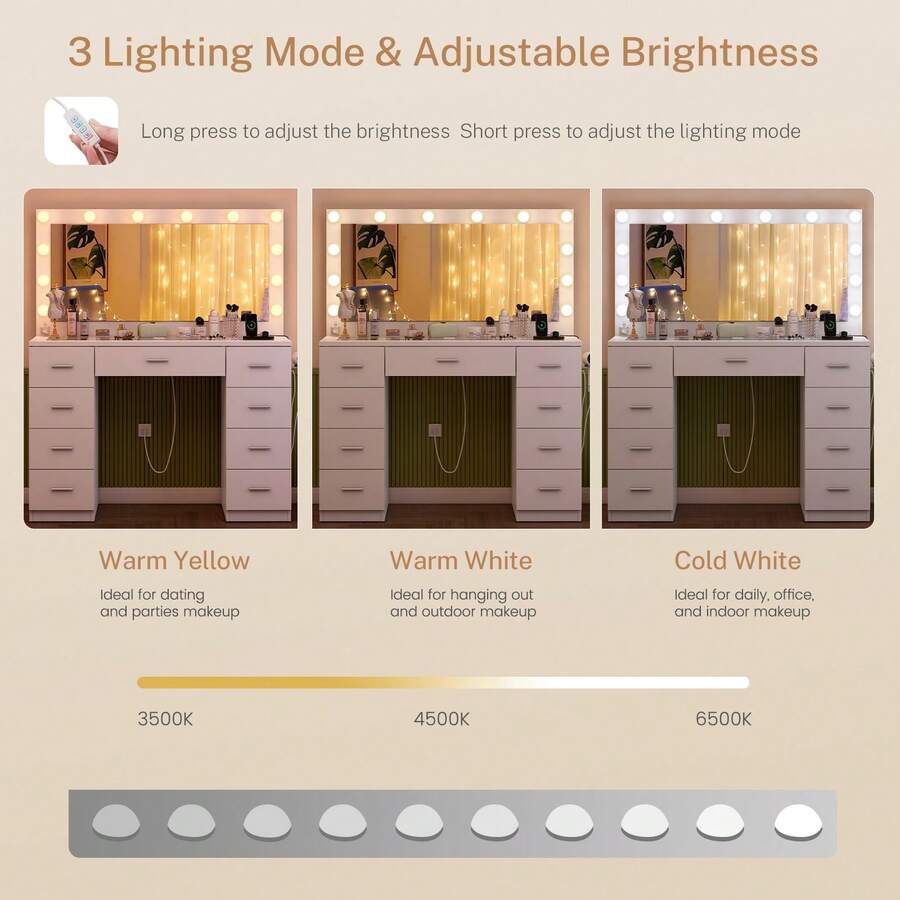 46-Inch Glass-Top Vanity with 9 Drawers & Lighted Mirror